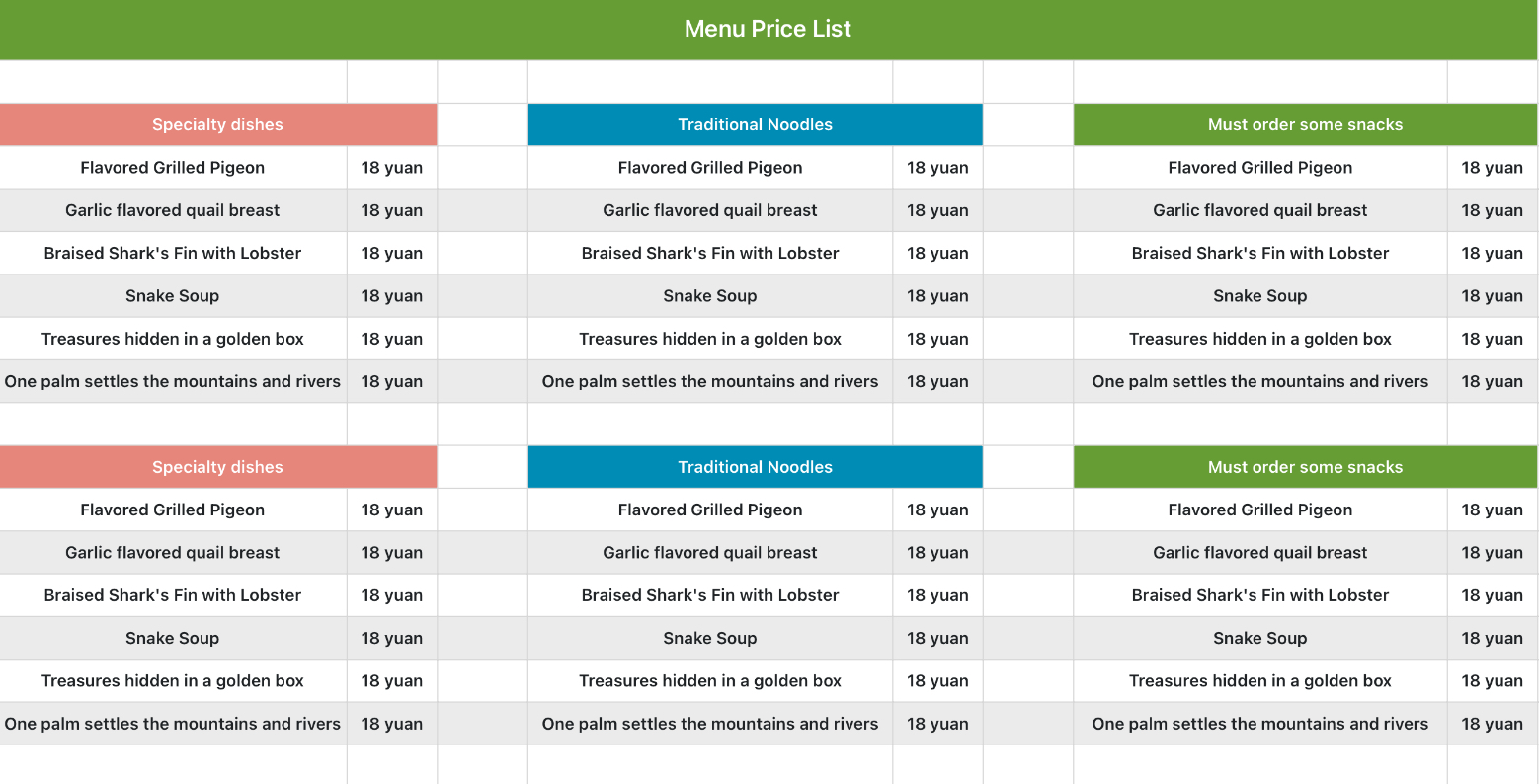 Menu price list 1